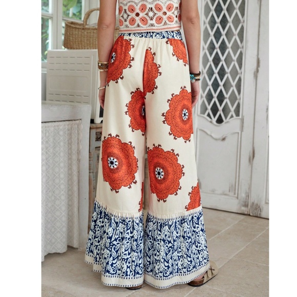 Boho Floral Print Stretchy Waist Pockets Wide Leg Pants - Picture 5 of 5